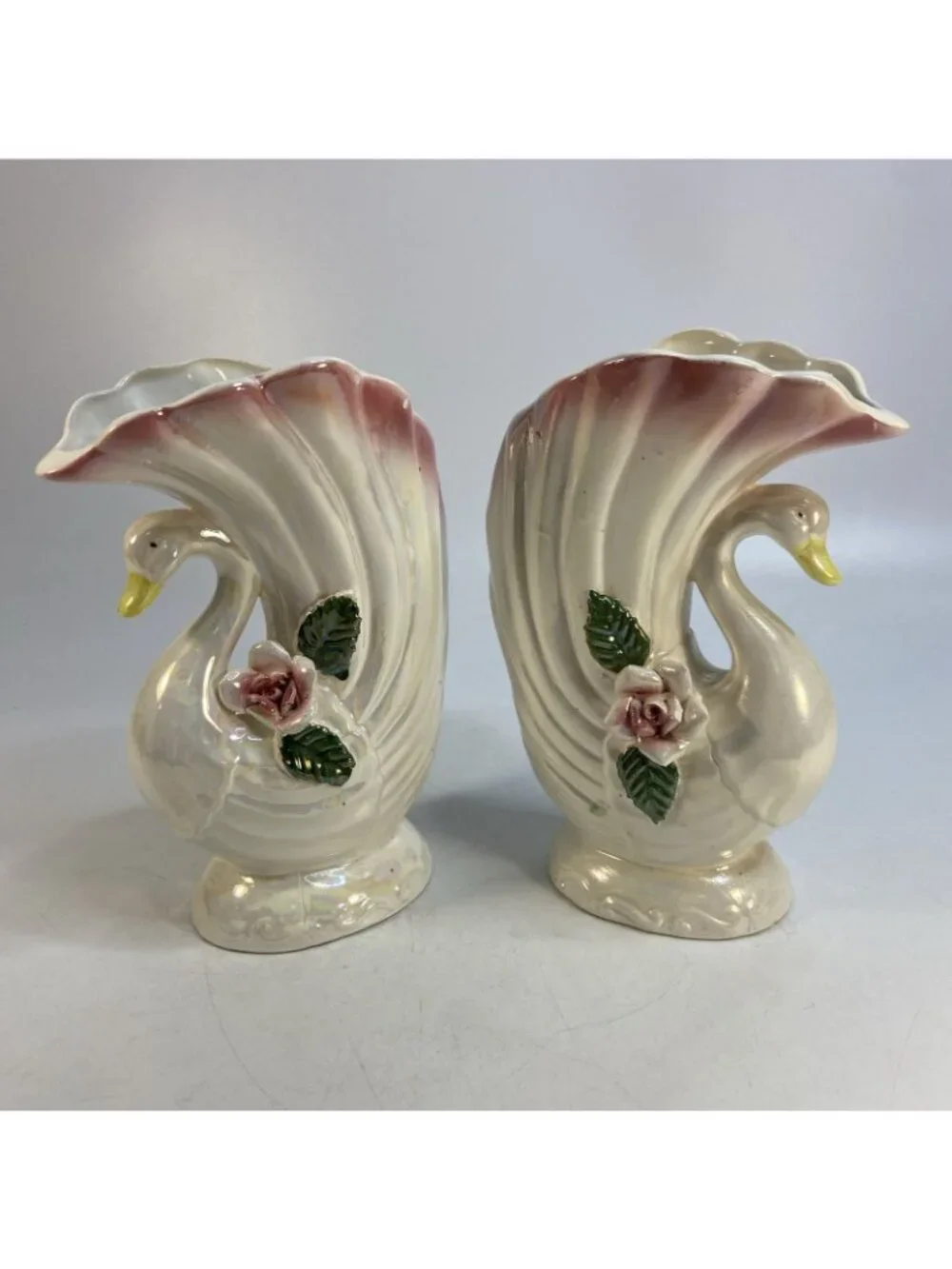 2 Sophia Ann Swan Flower Vase Pearled Iridescent Pink White Floral 8 x5in Taiwan